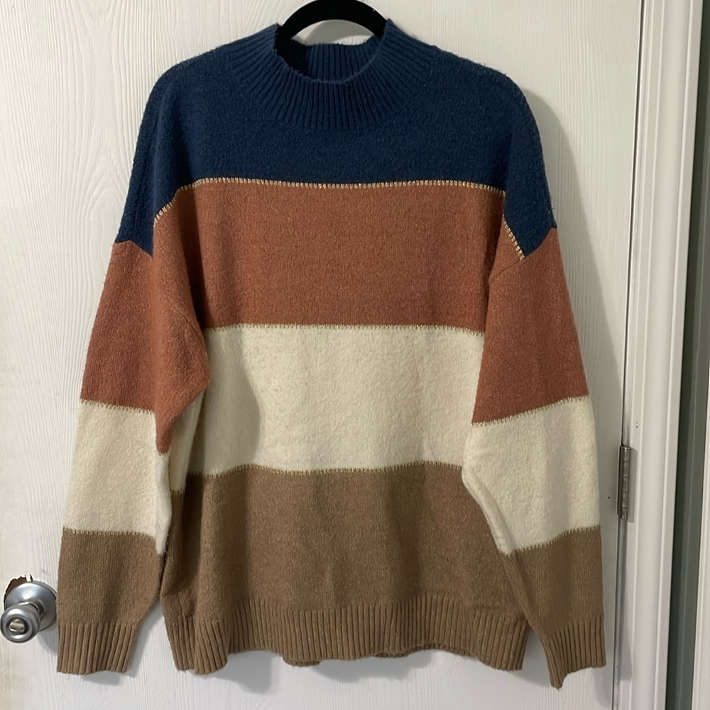H By Halston Oversized Color Block Navy/Coral/Tan/Cream Sweater Size Medium